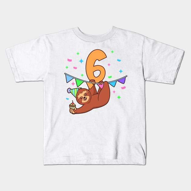 I am 6 with sloth - kids birthday 6 years old Kids T-Shirt by Modern Medieval Design